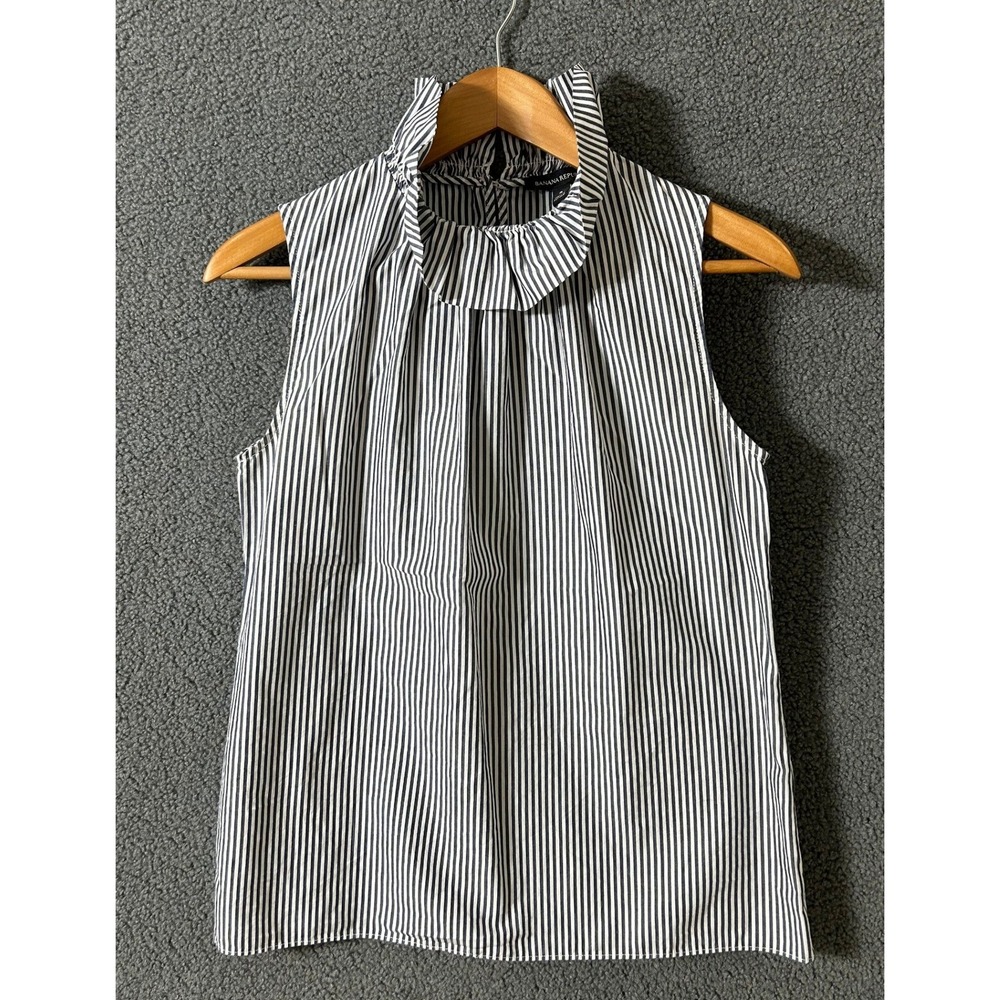 J. Crew Sleeveless Blouse Womens 6 Blue White Striped Ruffle High Neck Top